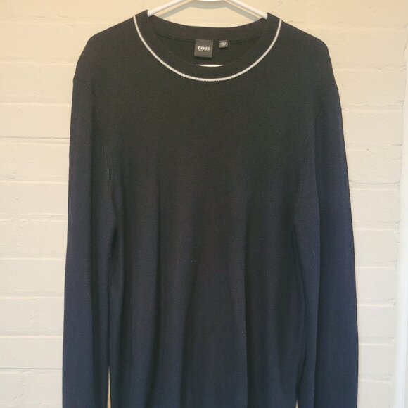 BOSS Hugo Boss Men's Tipped Wool Crewneck Sweater Black Size Large - Picture 1 of 7